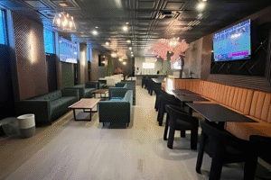 Hookah Lounge. Best Lounge in Toronto, Canada. Eden Lounge. Modern lounge area with green armchairs, wooden tables, orange cushioned booth seating, black chairs, flat-screen TVs on the walls, and decorative pink tree under warm ceiling lights.